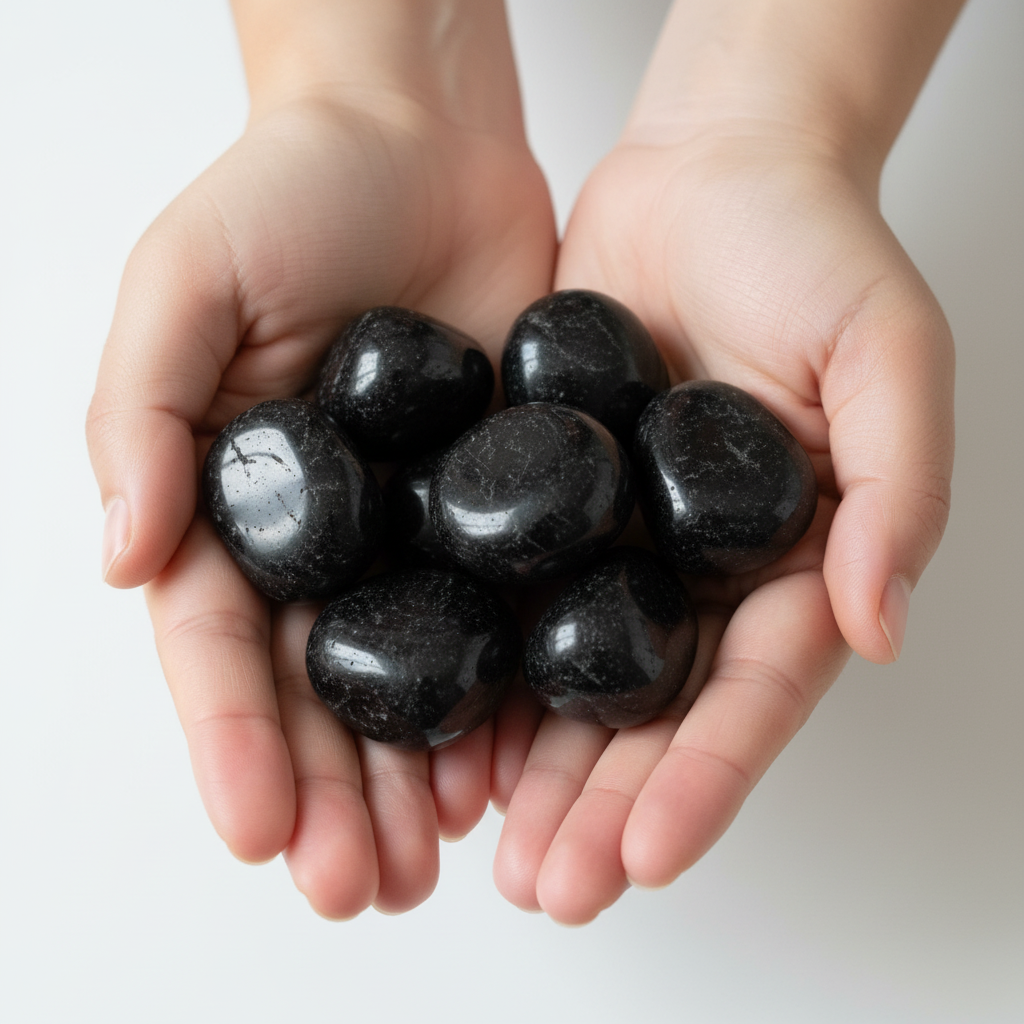 Tormalina nera burattata - mano con le pietre