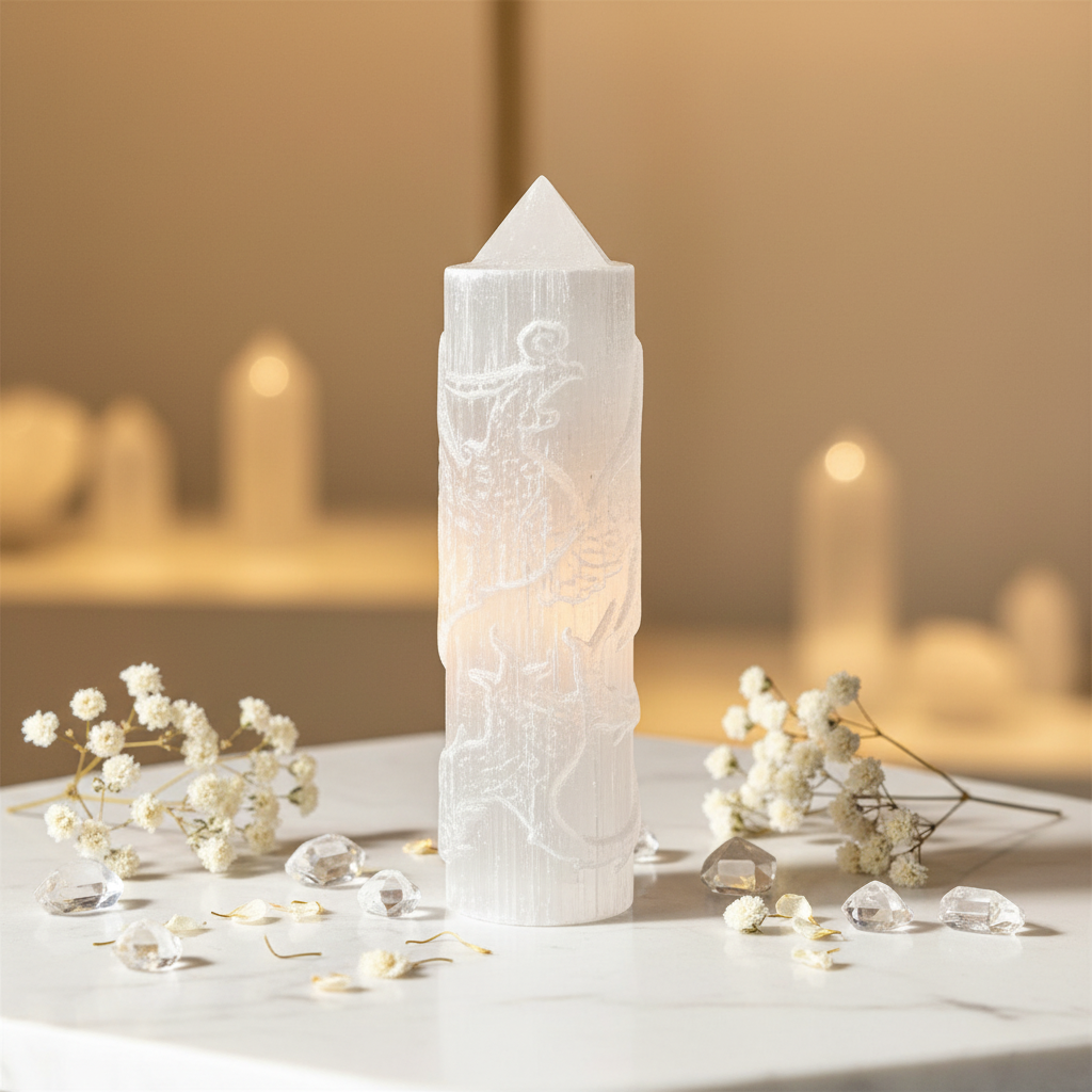 Obelisco Selenite Fenice su marmo con quarzo e fiori