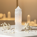 Obelisco Selenite Fenice su marmo con quarzo e fiori