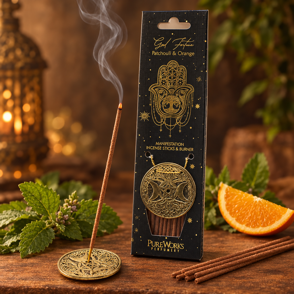 Incenso Buona Fortuna Patchouli e Arancia acceso nel porta-incenso dorato