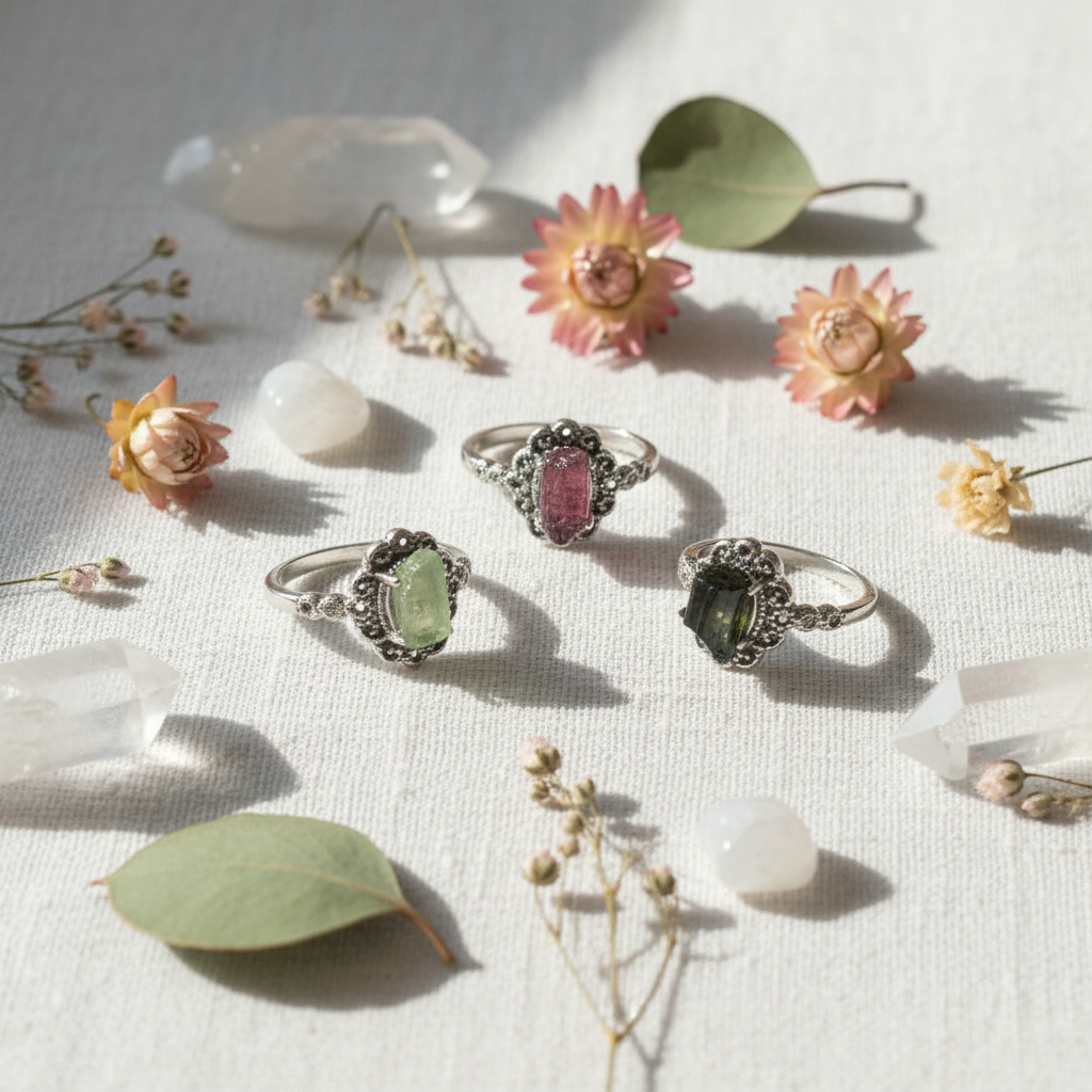 Anello tormalina composizione fiori e cristalli