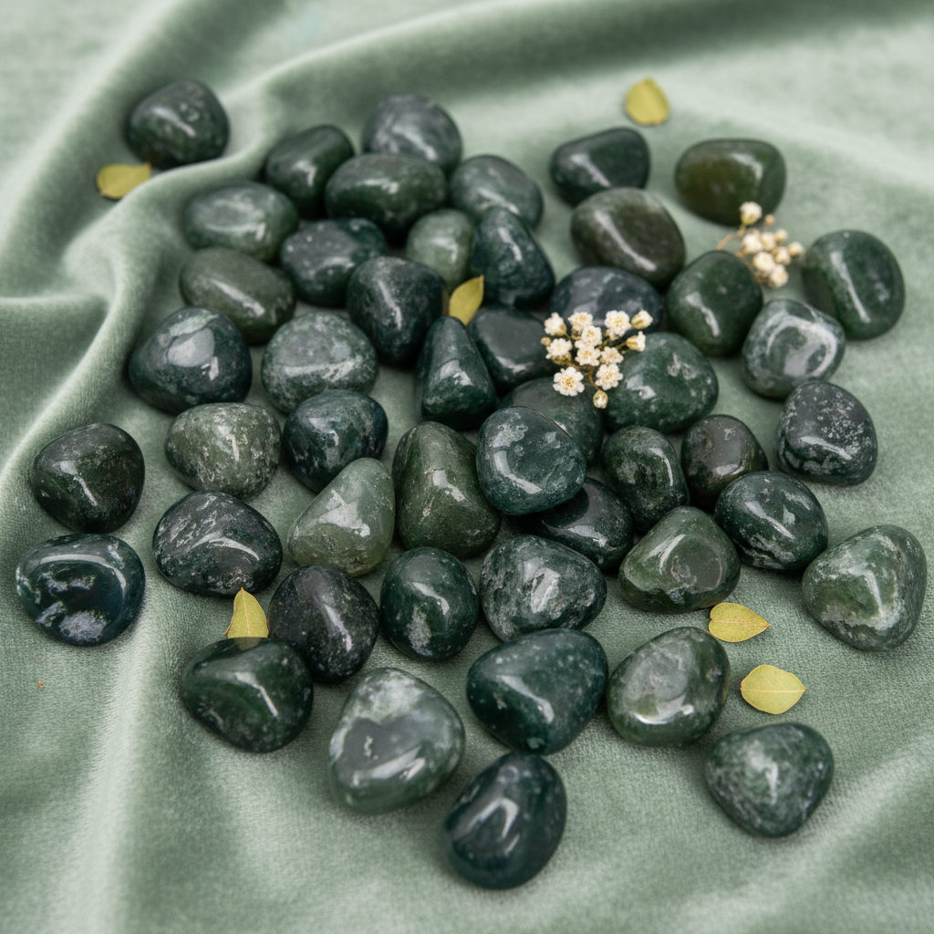Pietre burattate di agata muschiata verde scuro su velluto verde salvia
