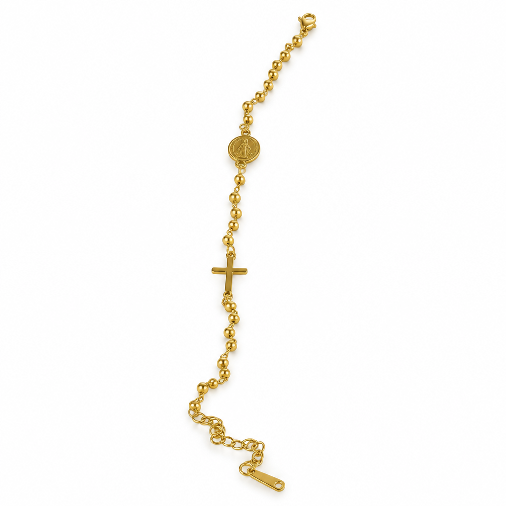 Bracciale rosario in acciaio inox finitura Gold con grani, medaglia e croce
