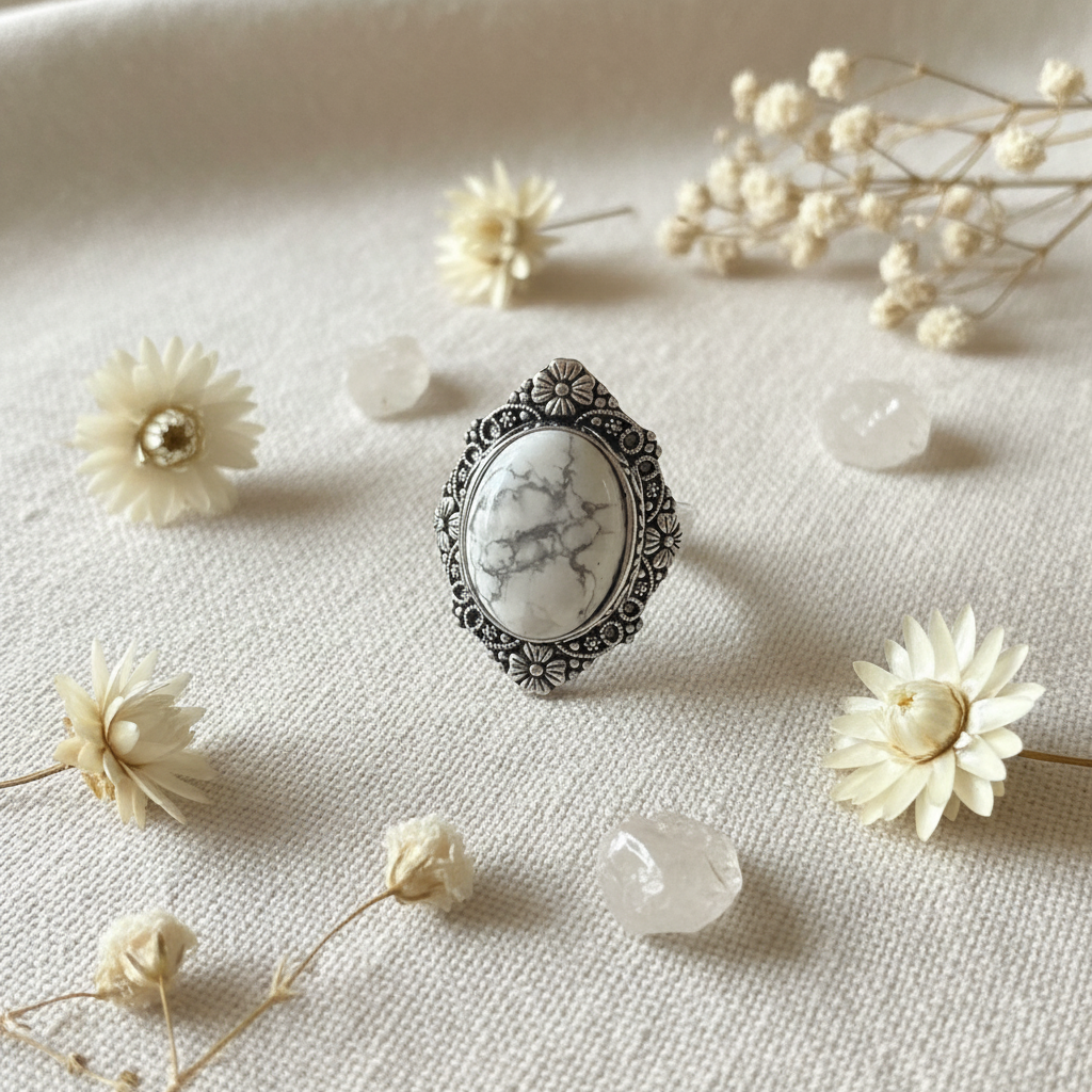 Anello howlite composizione fiori