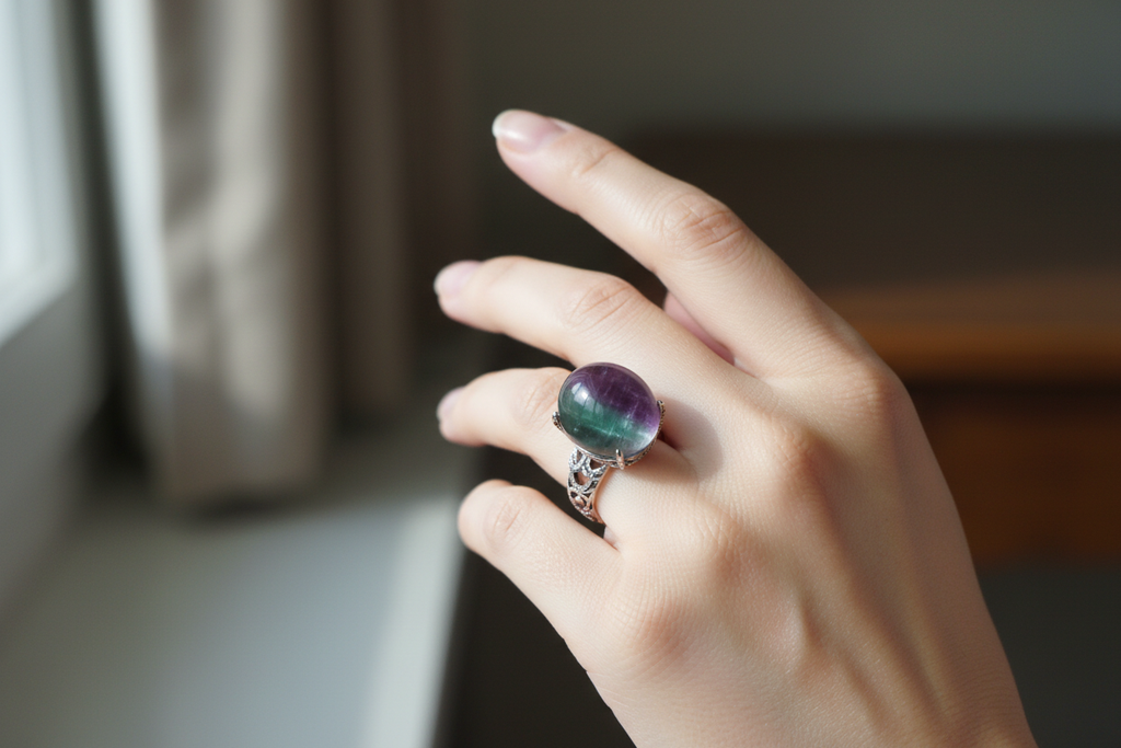 Anello fluorite arcobaleno indossato - fedele originale