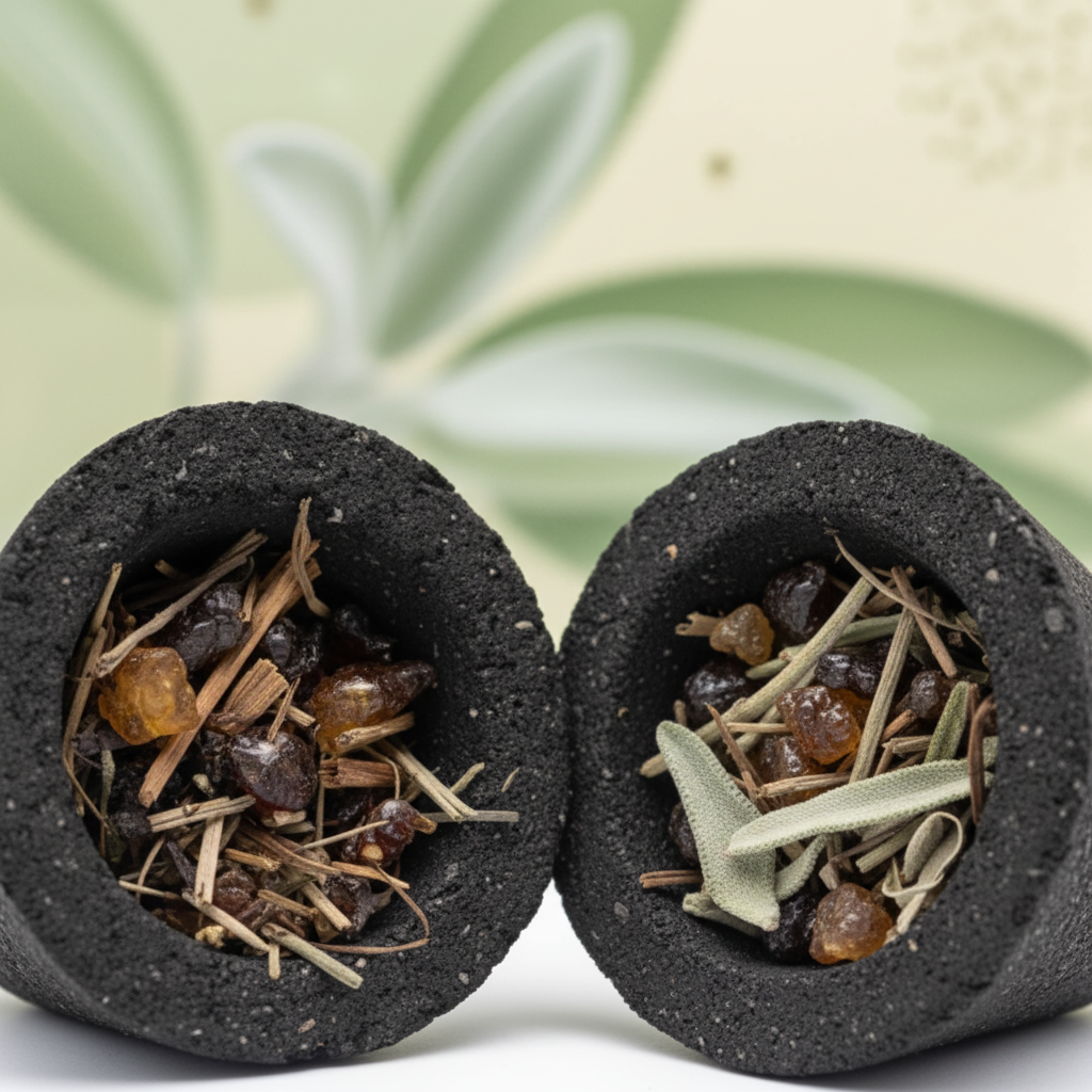 Macro close-up resine palo santo e salvia