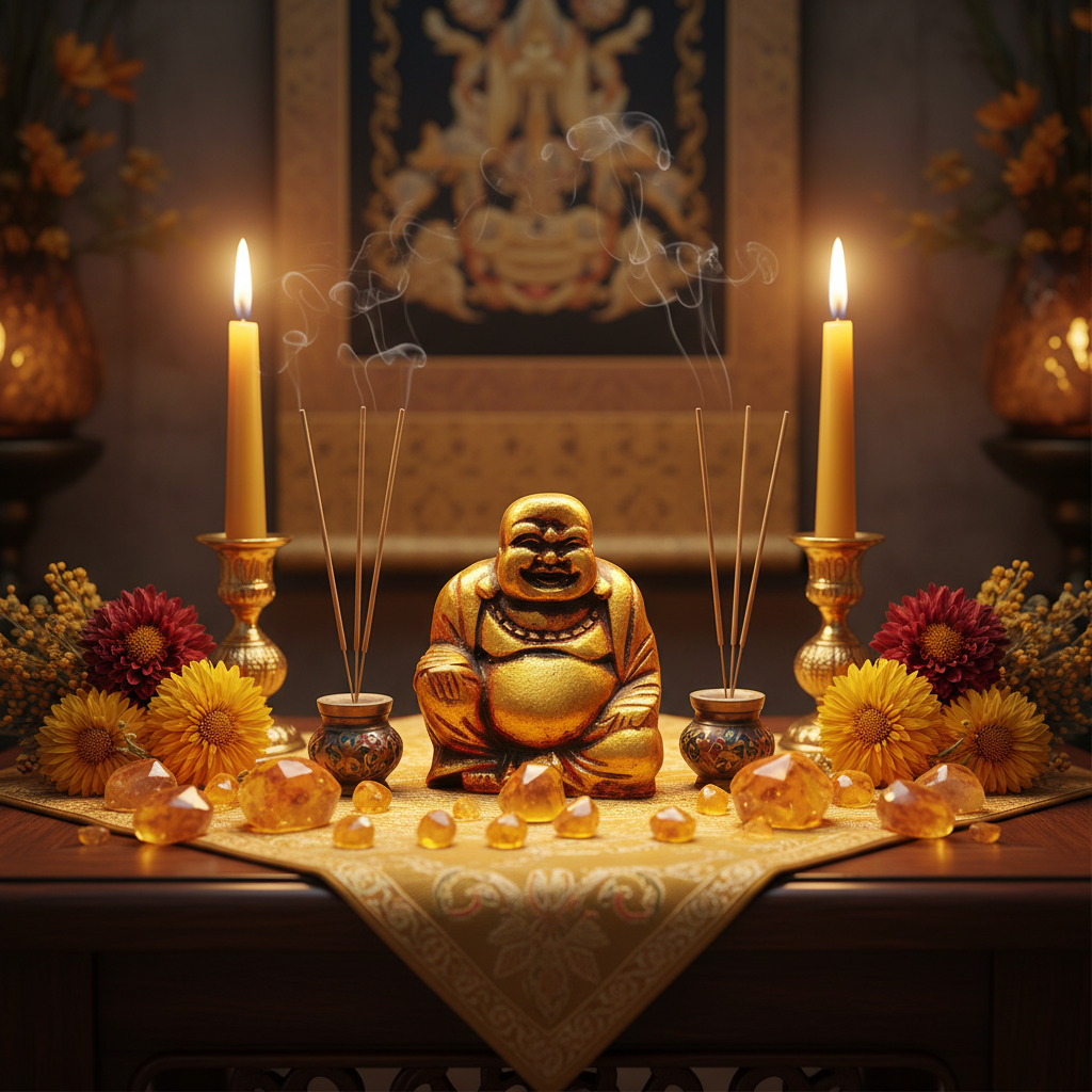 Buddha ridente legno dorato - altare abbondanza con candele dorate