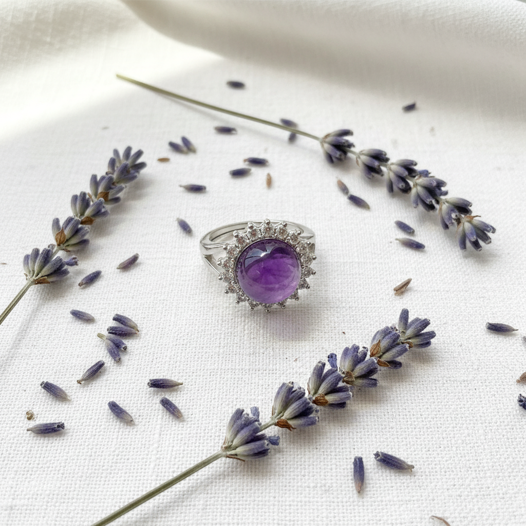 Anello ametista e zirconi flat lay con lavanda