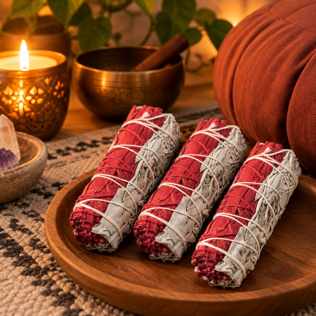 Torce di salvia in angolo di meditazione con luce calda