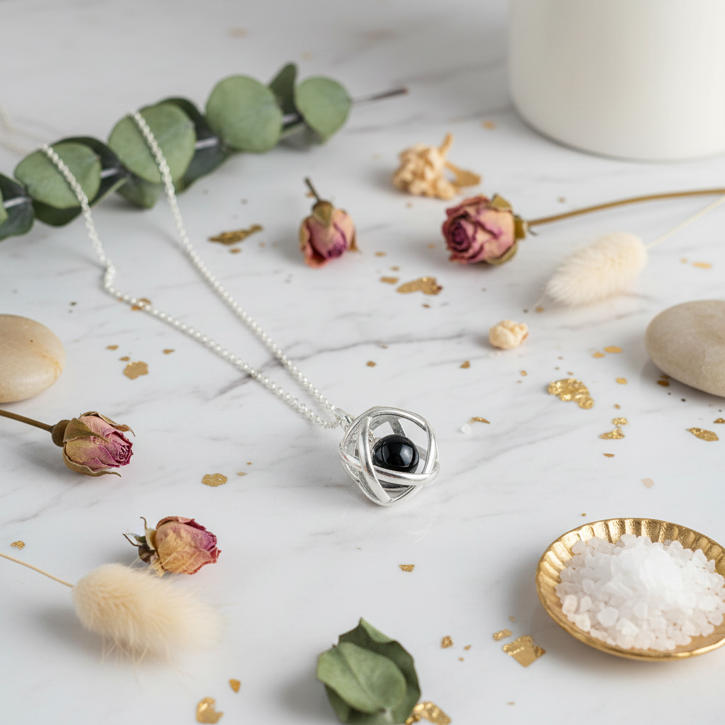 Collana Genesa Ossidiana - sfondo marmo luxury