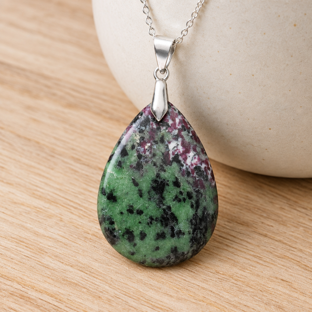 Ciondolo in rubino zoisite su legno chiaro