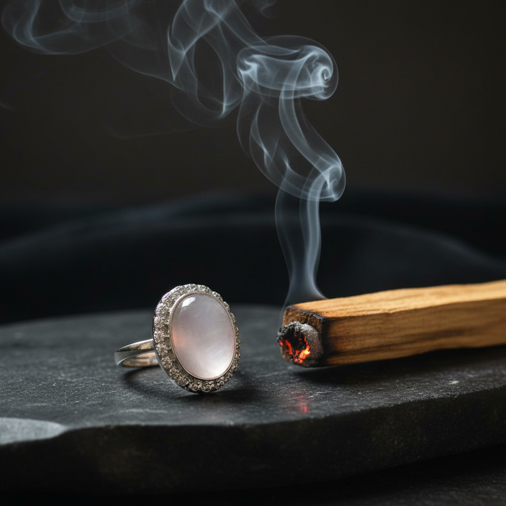 Anello quarzo rosa zirconi palo santo