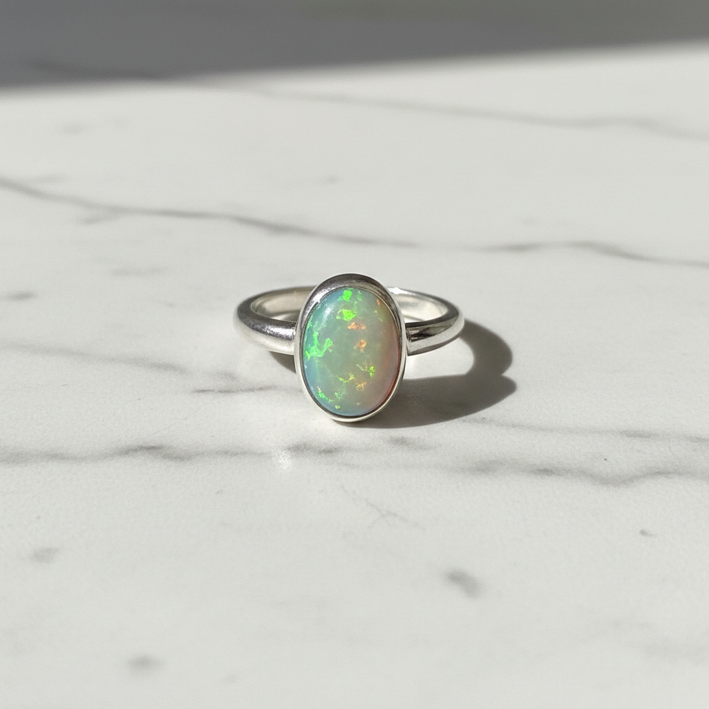 Anello Opale Arlecchino - Flatlay su marmo