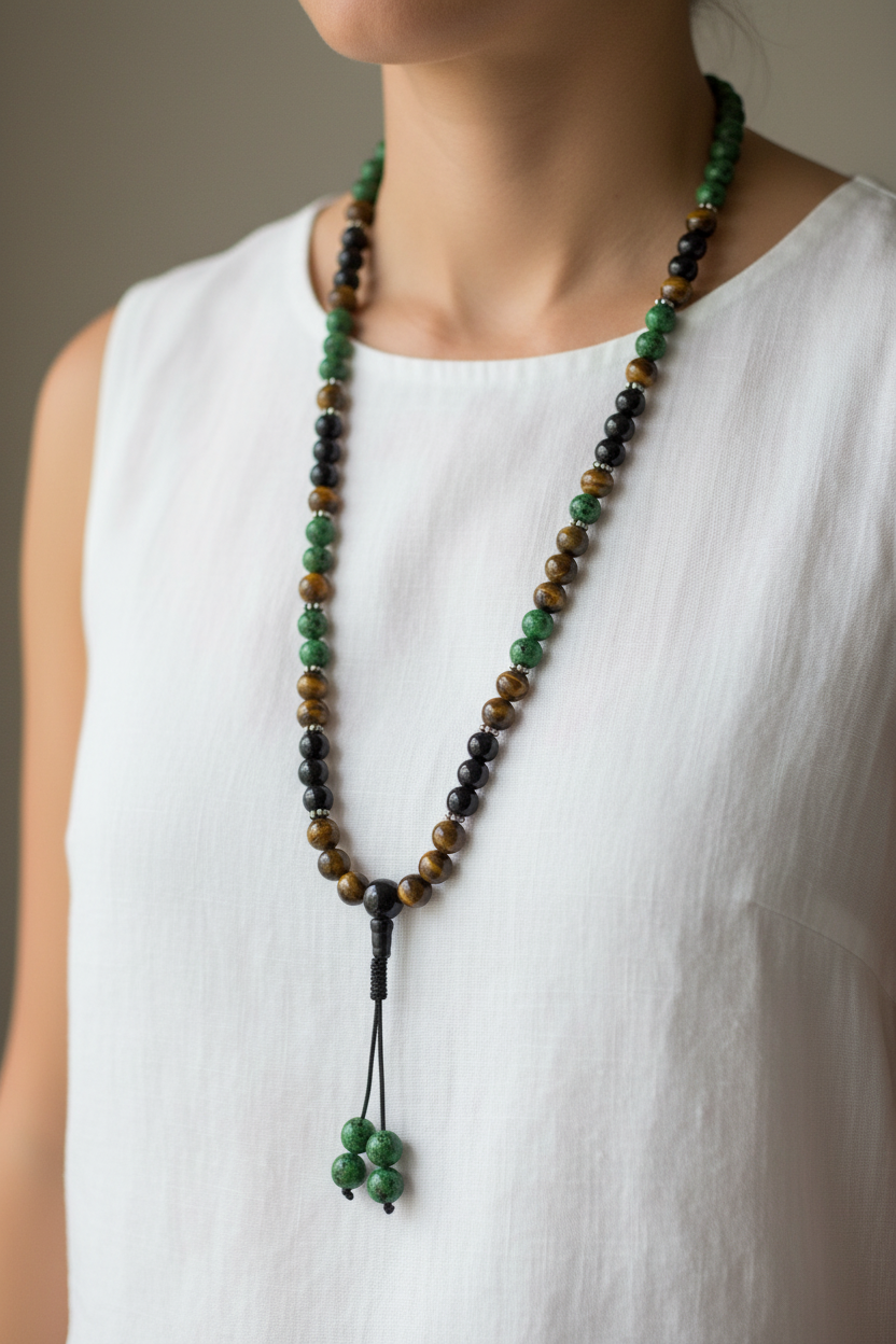 Mala zoisite onice occhio di tigre indossata come collana