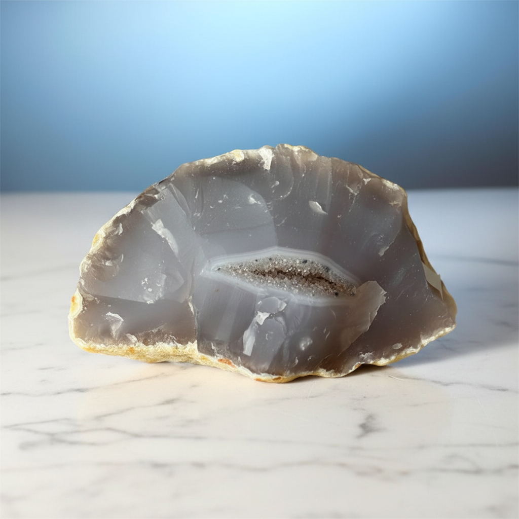 Fetta agata vena druzy - flatlay marmo bianco