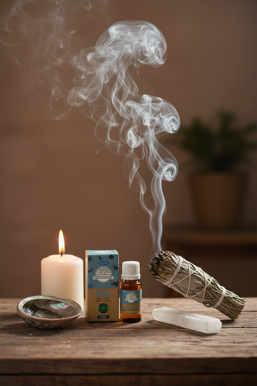 Olio salvia bianca Ullas - altare rituale con candela bianca e selenite