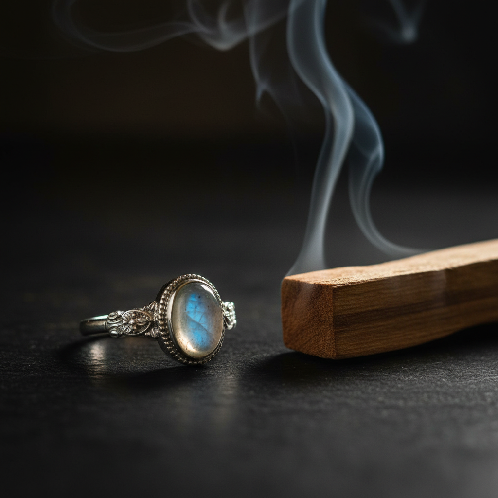 Anello labradorite bianca palo santo
