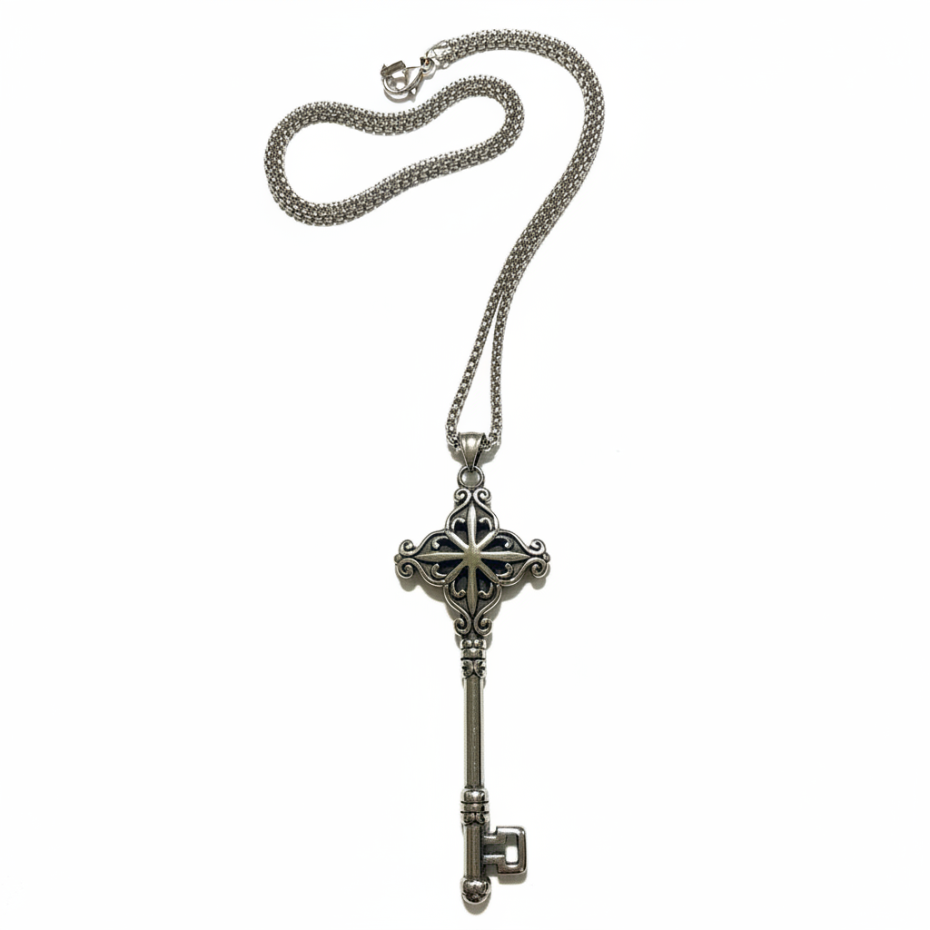 Collana Chiave Gotica flat lay sfondo bianco