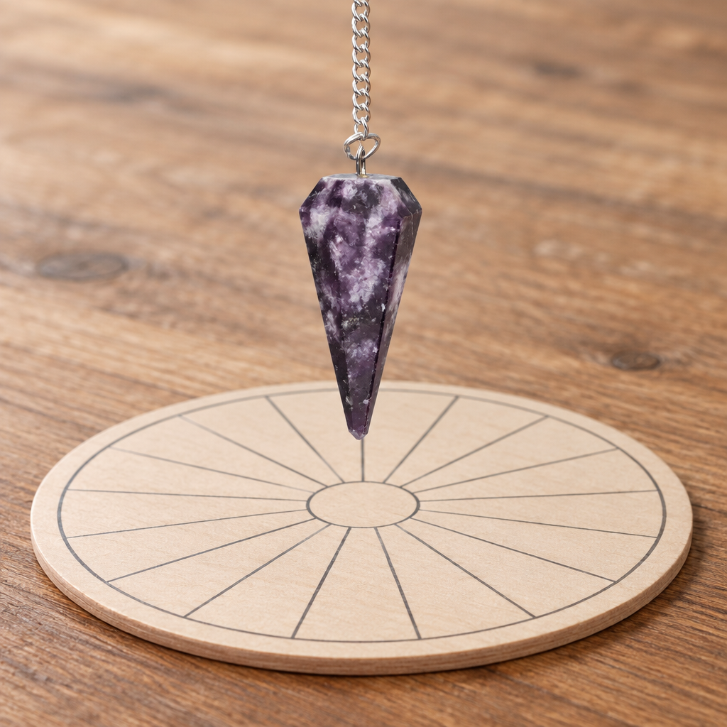 Pendolo in lepidolite sospeso sopra tavola da radiestesia illustrativa, non inclusa