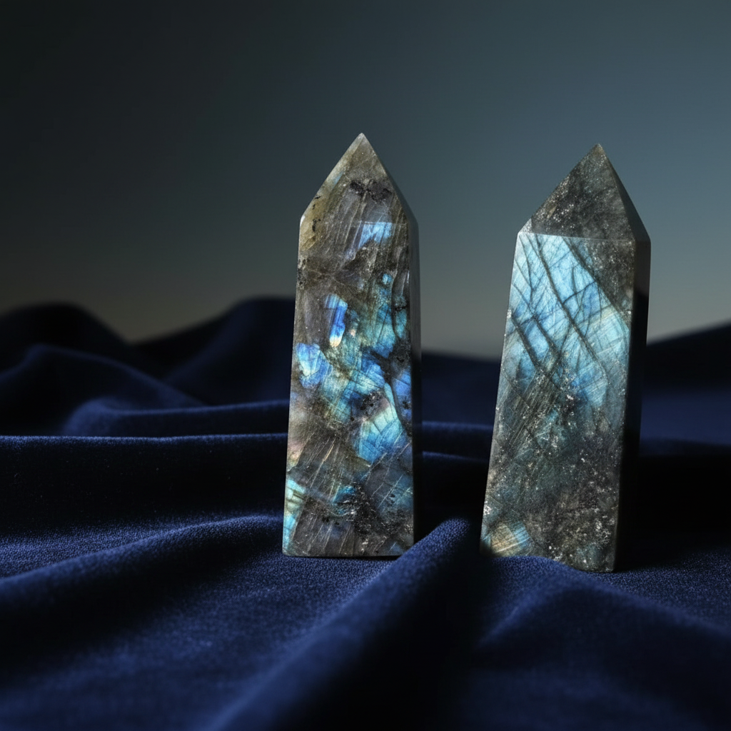 Torri di labradorite con flash blu iridescente su velluto blu notte