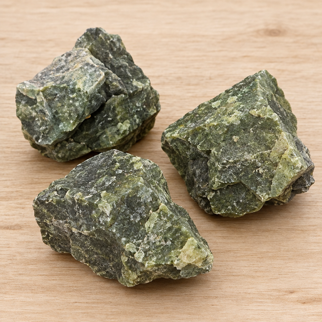Giada verde Xiuan grezza su legno