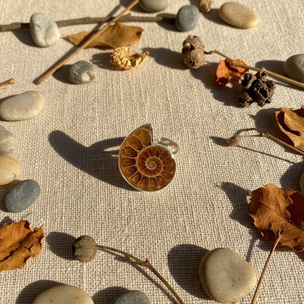 Anello ammonite flat lay terroso con botaniche