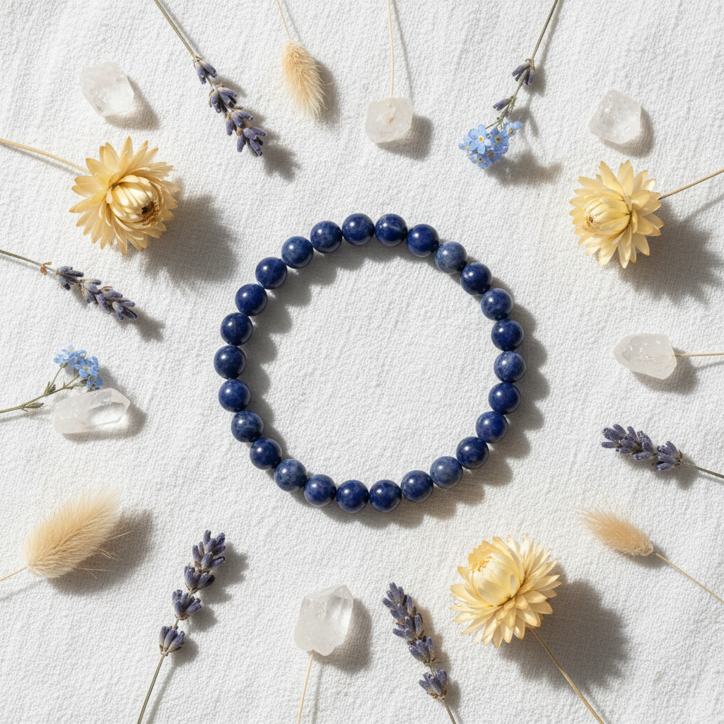 Bracciale sodalite su lino con fiori e cristalli