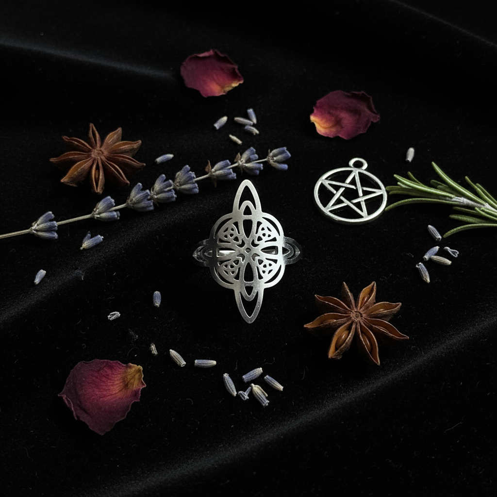 Anello nodo della strega in acciaio inox - velluto nero