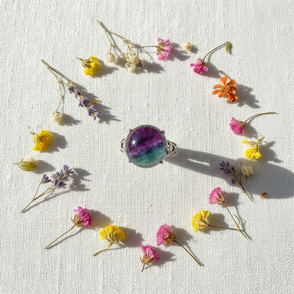 Anello fluorite arcobaleno flat lay con fiori colorati