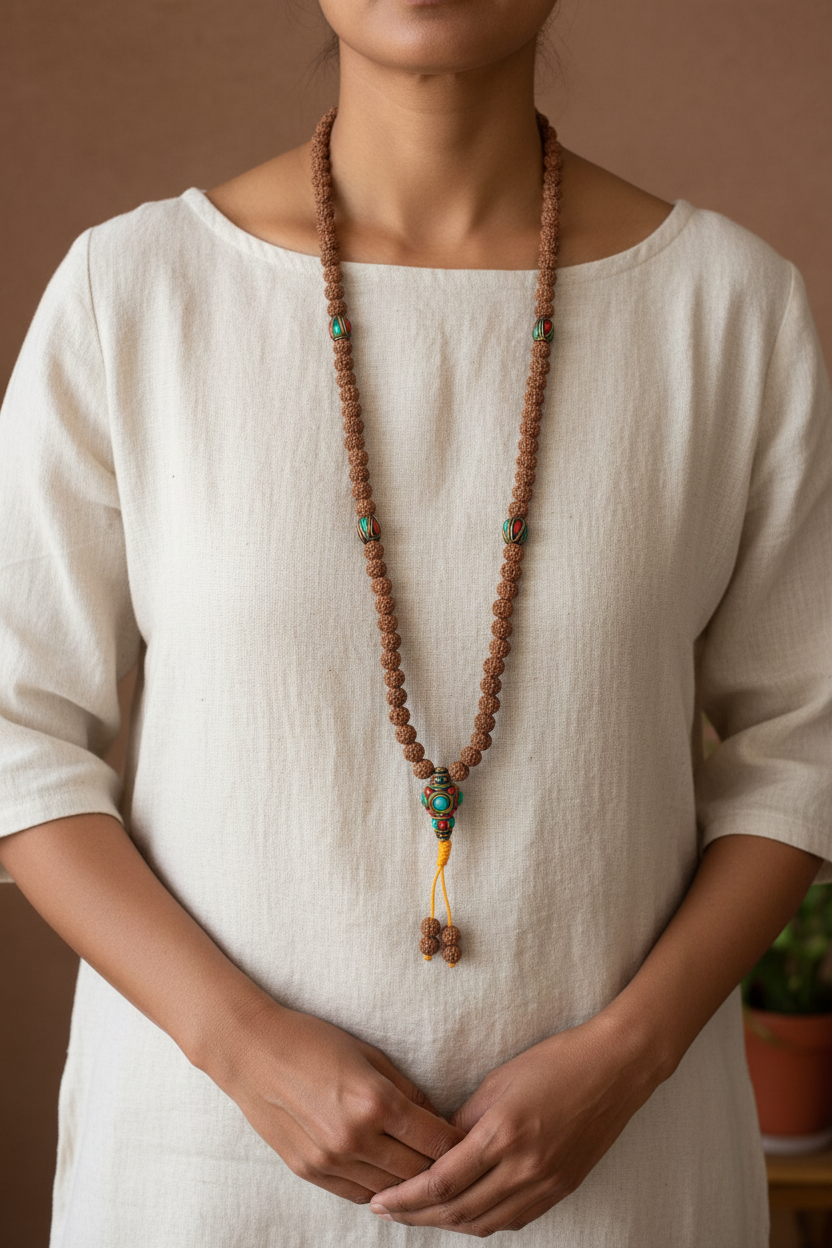 Japamala rudraksha separatori ottone tibetano - collana singola 70cm indossata
