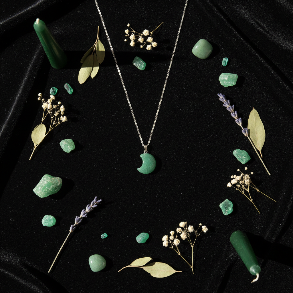 Collana Luna Avventurina Verde flat lay esoterico