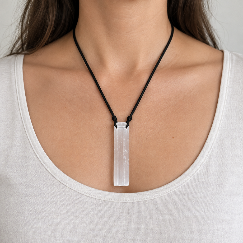 Collana con barra in selenite di circa 5 cm indossata con cordino nero