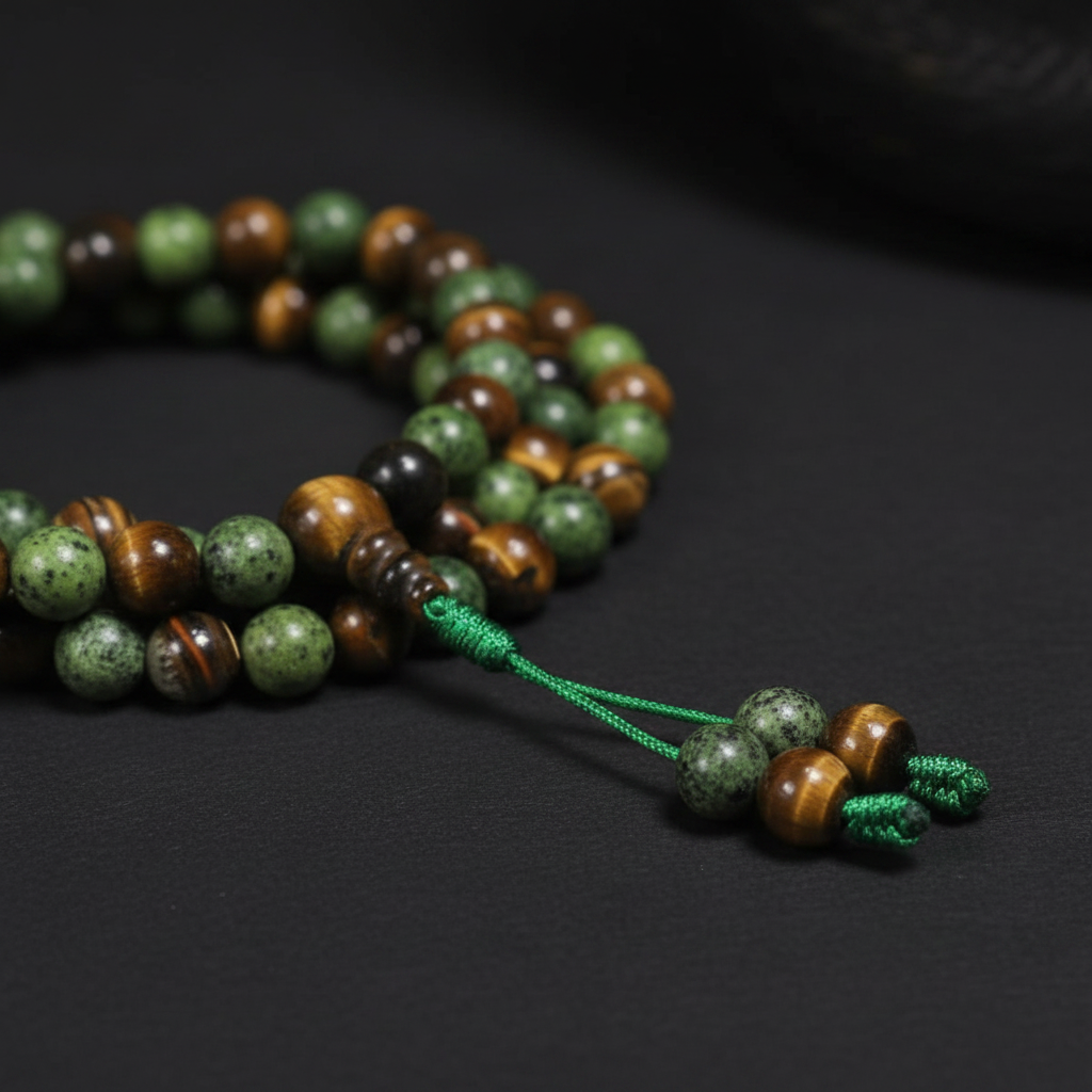 Mala zoisite occhio di tigre macro close-up perle