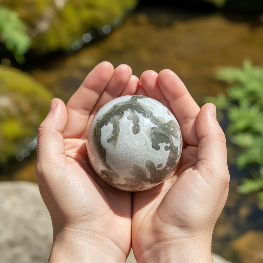 Sfera Agata Muschiata tenuta in mano