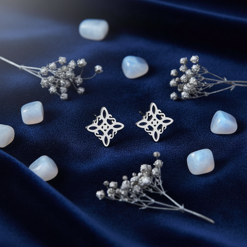 Orecchini Lobo Nodo Strega flat lay velluto blu notte
