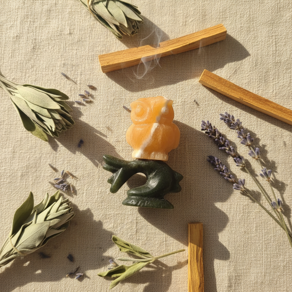 Gufo calcite gialla su ramo giada verde - lifestyle altare