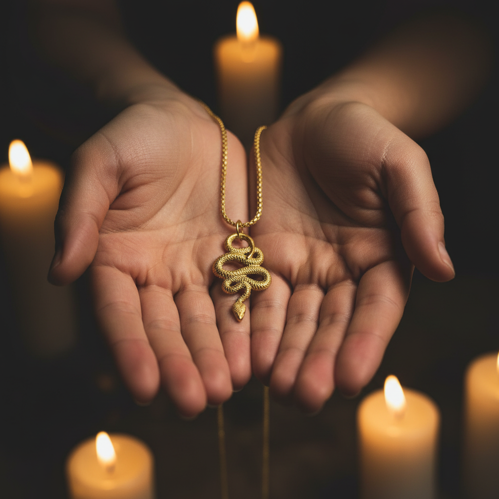 Collana serpente avvolto gold tenuta in mani aperte
