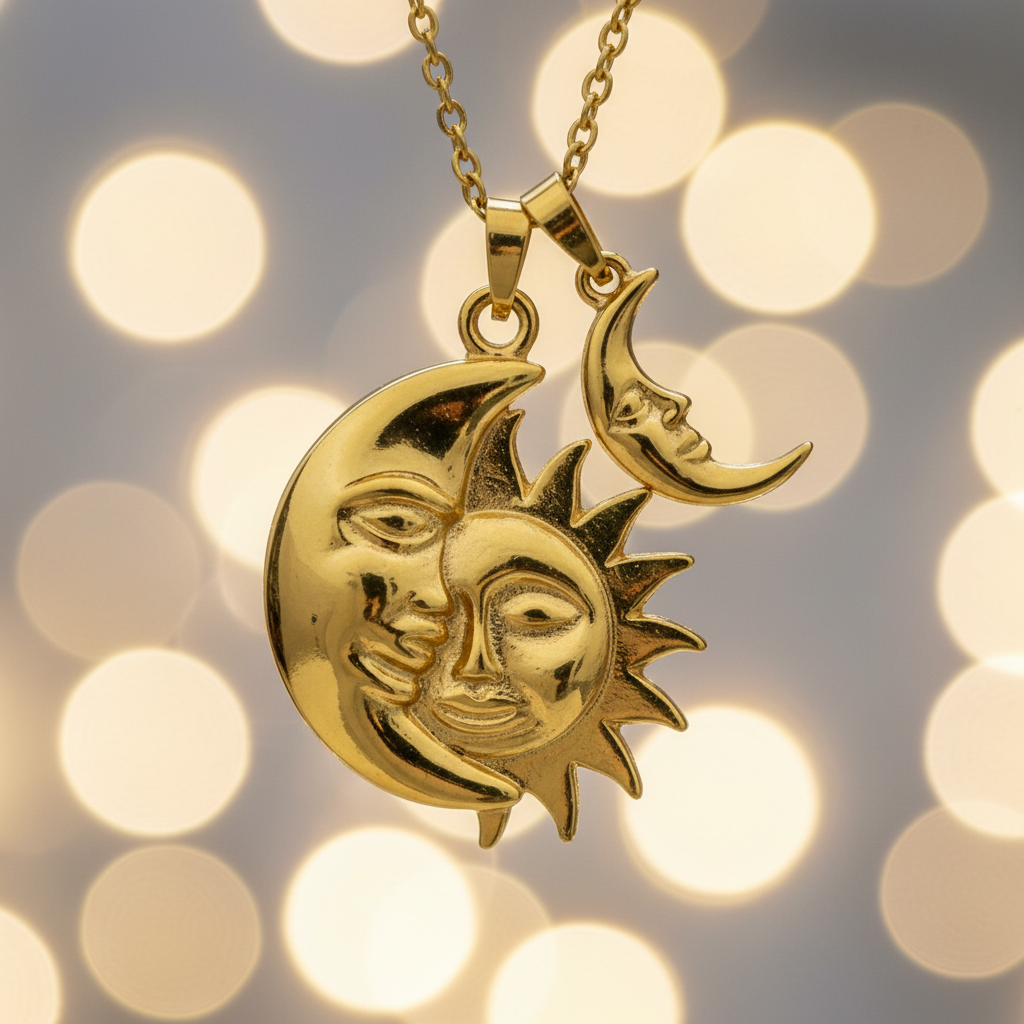 Collana Sole e Luna gold macro close-up ciondolo