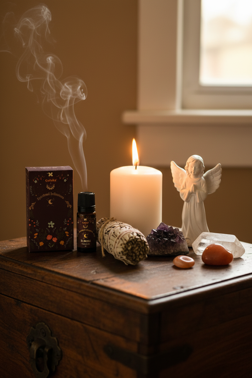 Olio fragranza Goloka St. Michele - altare sacro con candela e salvia