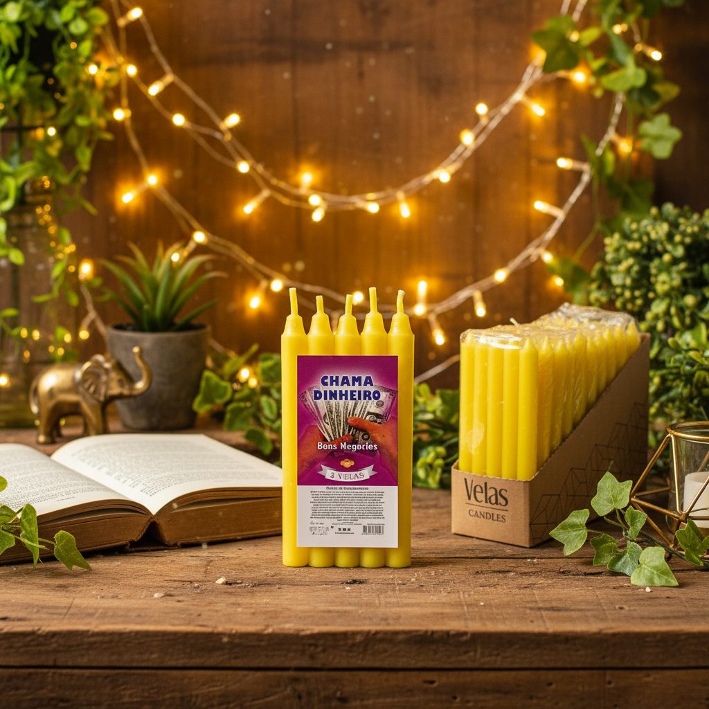 Candele rituali chiama denaro lifestyle con piante verdi e luci dorate