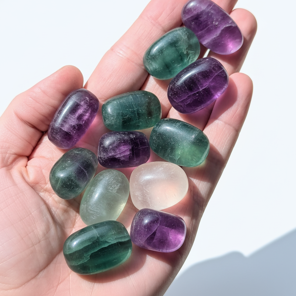 Mano che tiene fluorite arcobaleno tumbled