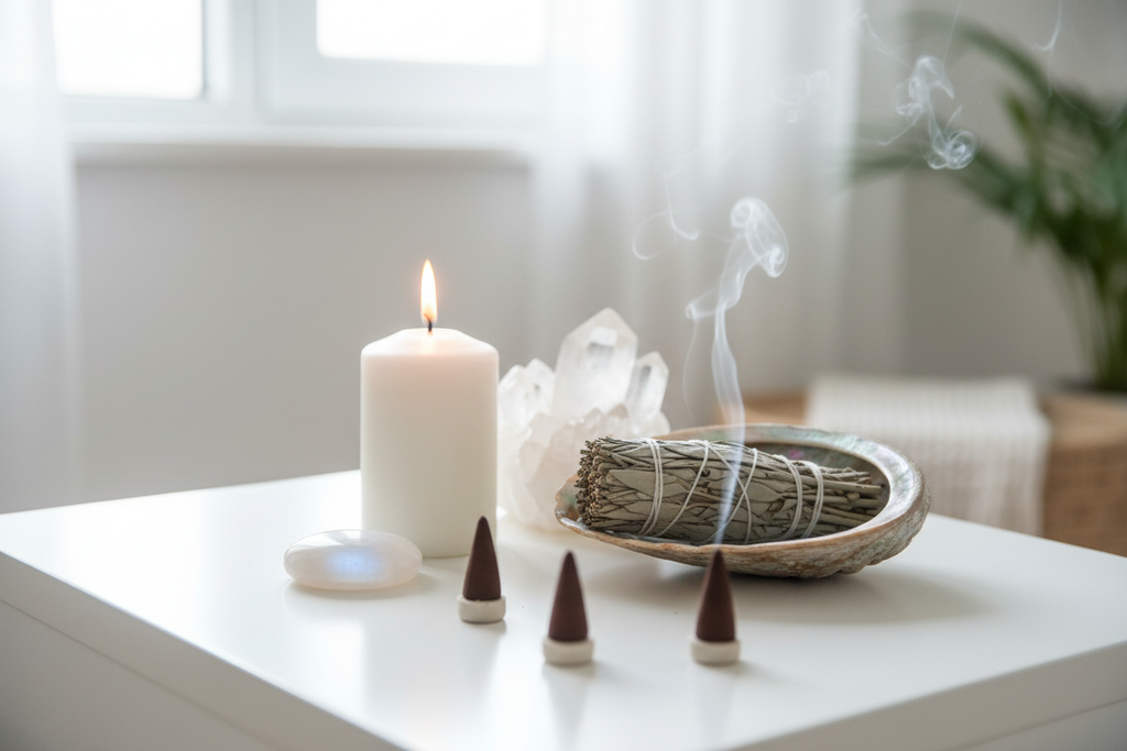 Coni White Sage - altare purificazione quarzo candela bianca e luna