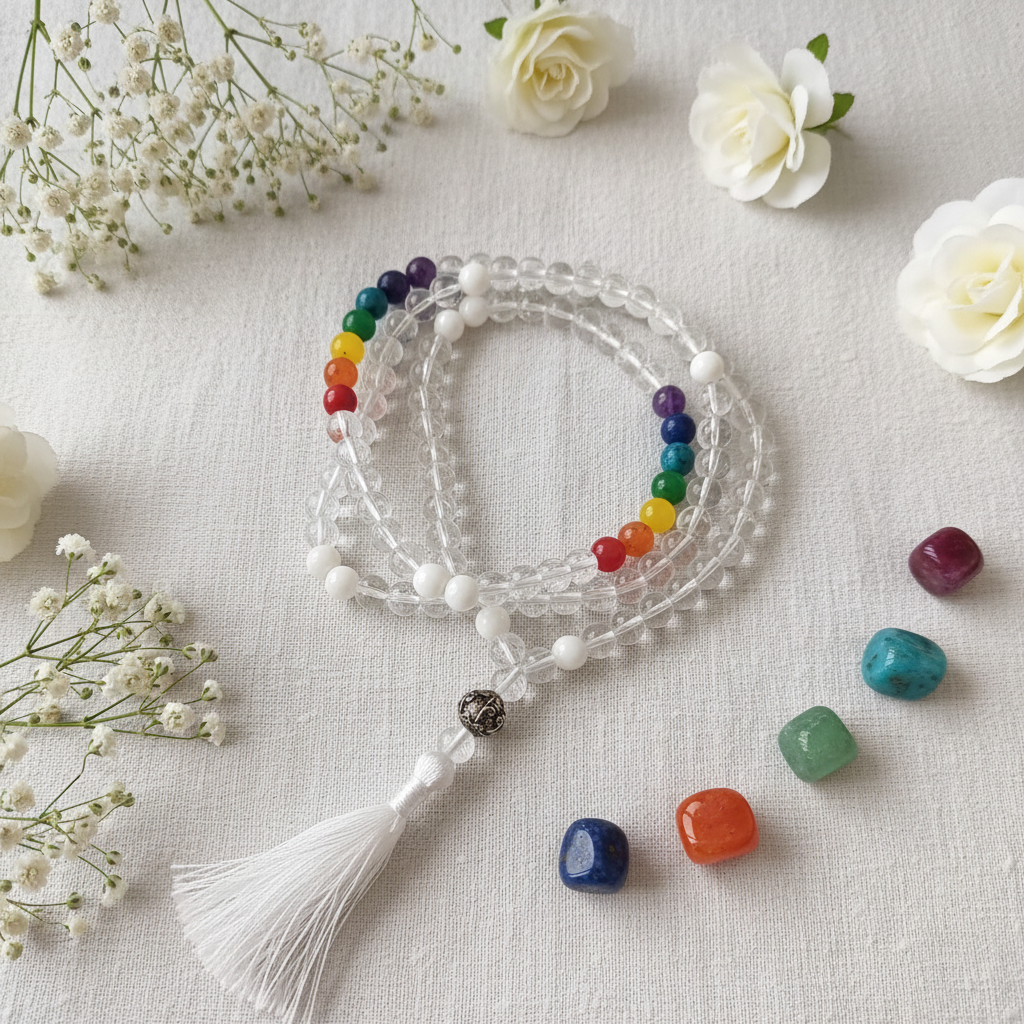 Japamala 7 chakra con fiori e cristalli su lino