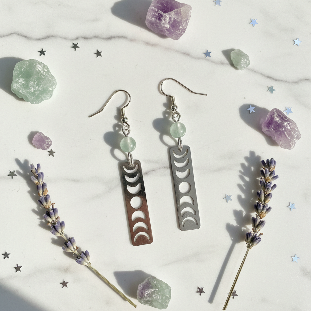 Orecchini Fasi Lunari flat lay marmo bianco