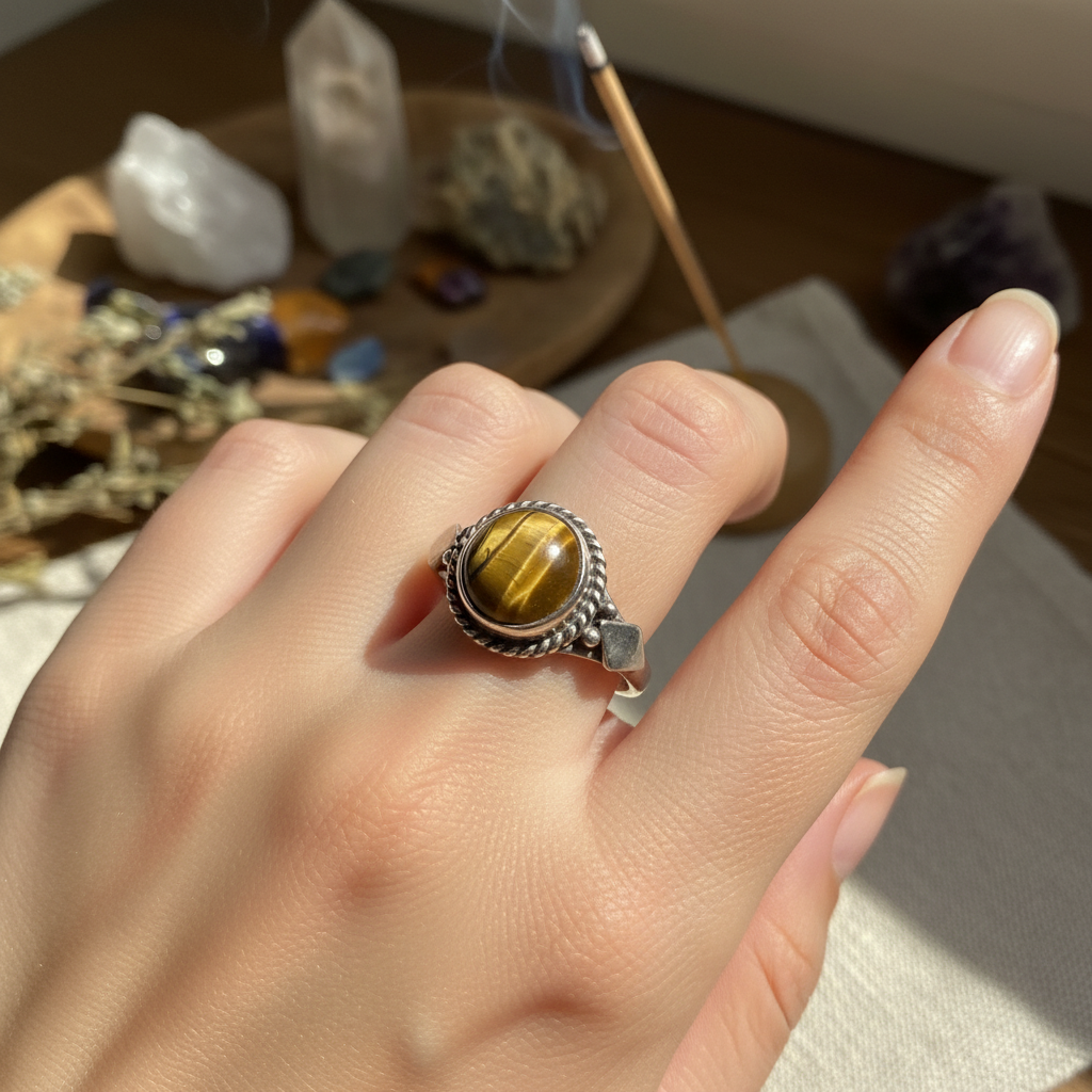 Anello Vintage in Argento con Occhio di Tigre Naturale - indossato