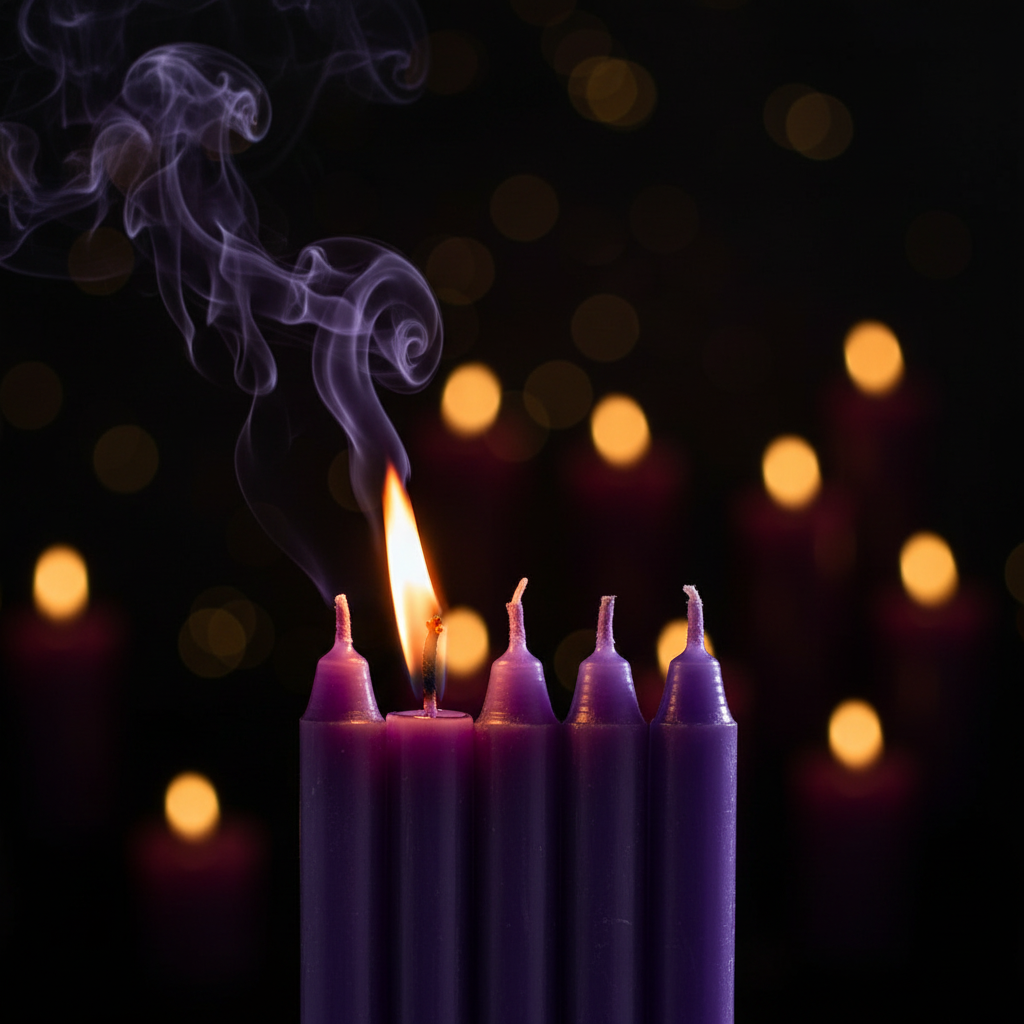5 candele viola per rituali con candela accesa sfondo scuro