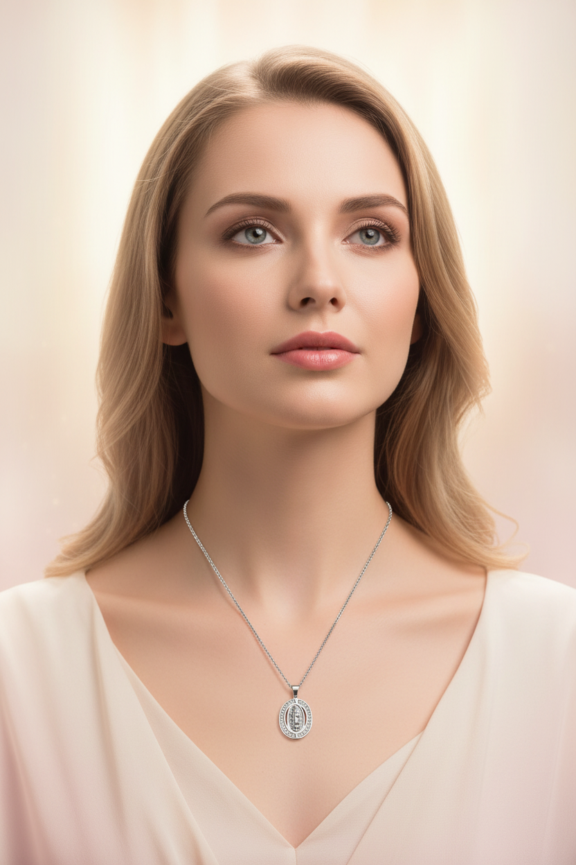 Collana Medaglia Miracolosa silver indossata - editorial fashion devozionale