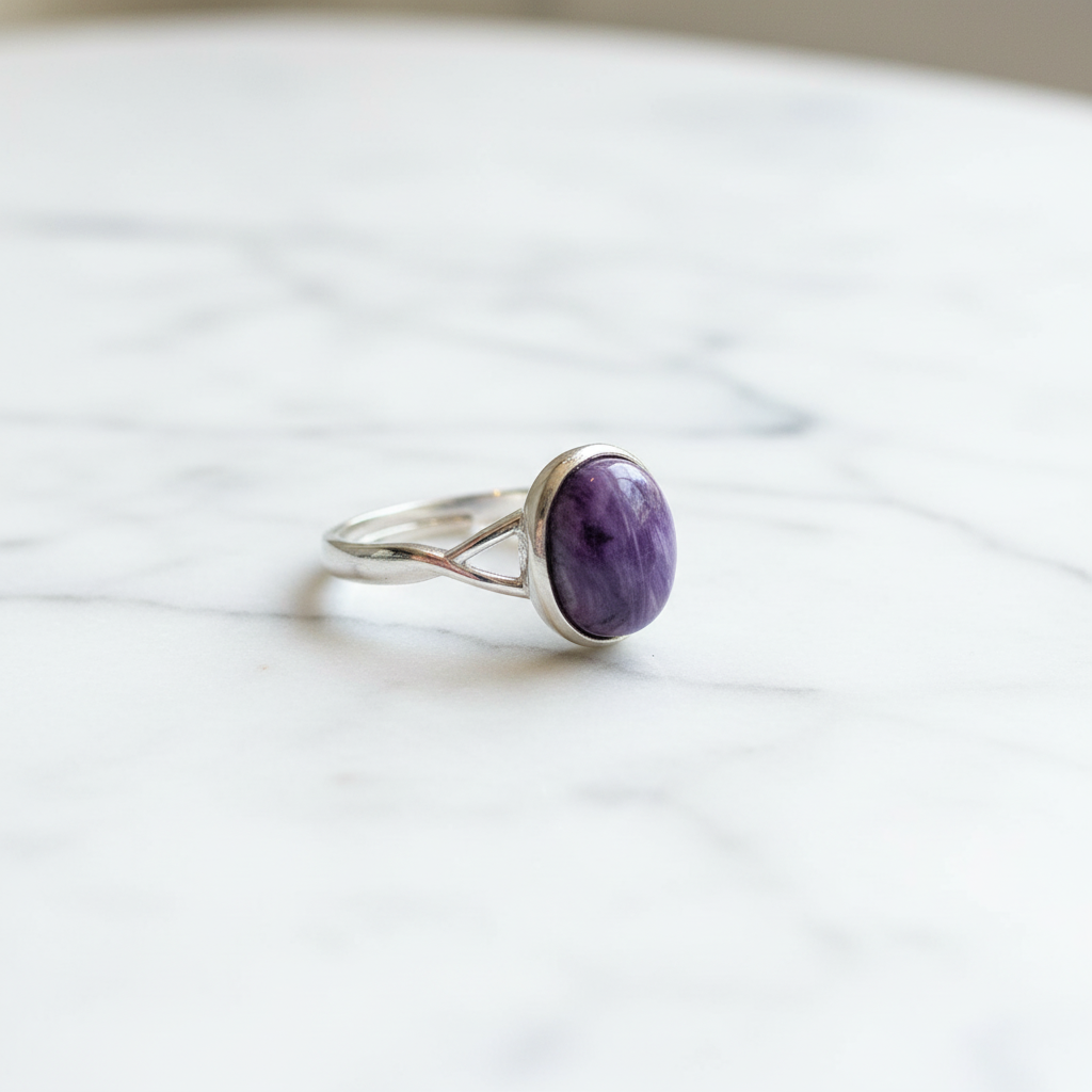 Anello charoite su marmo bianco