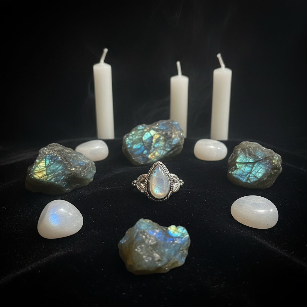 Anello Labradorite Bianca Rainbow flat lay esoterico