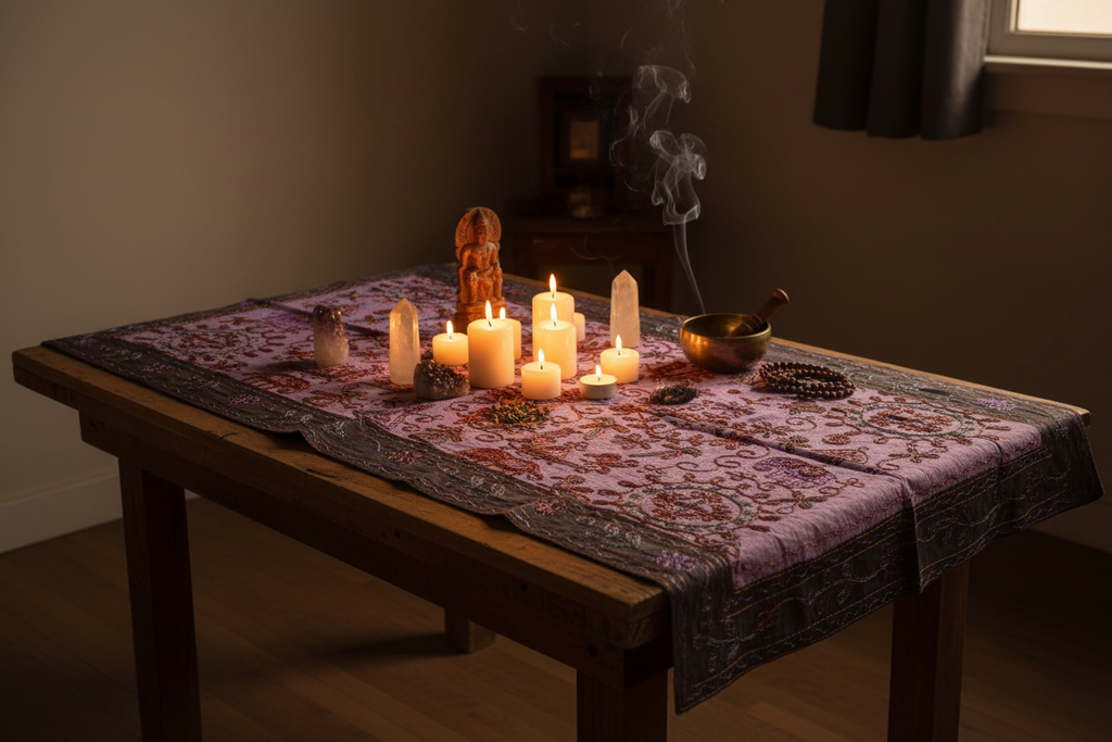 Arazzo indiano viola - telo da altare cristalli candele
